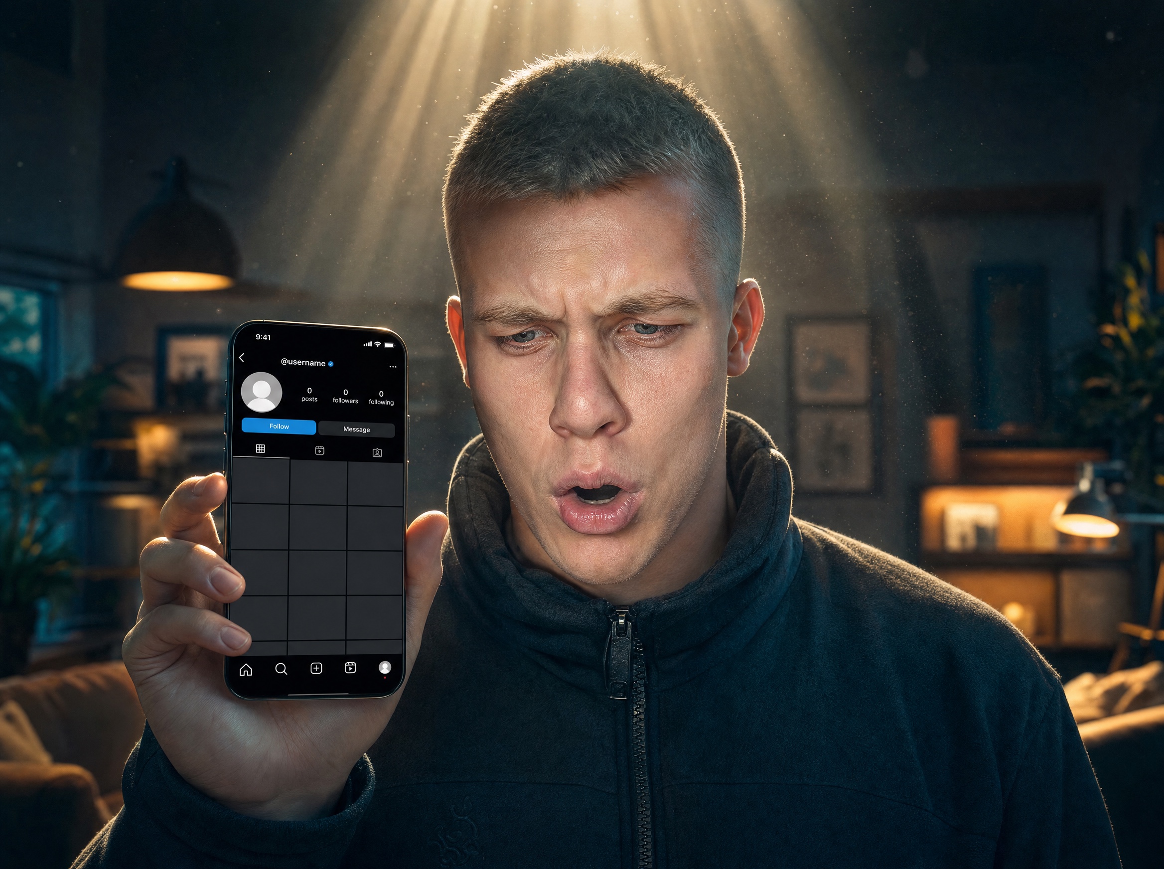 Leo dramatically holding up a phone with an empty Instagram grid